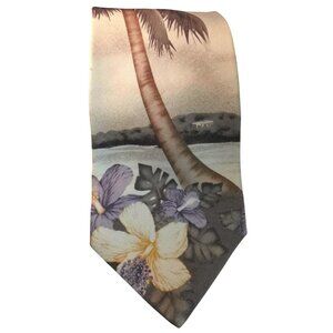 Necktie Caribbean Men Floral Tropical Hibiscus Palm Tree USA Silk Imported Beige